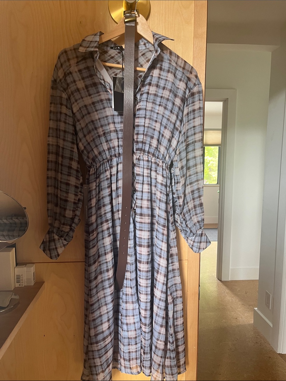 En Saison Plaid Long Sleeve Midi Dress in Blue and Gray